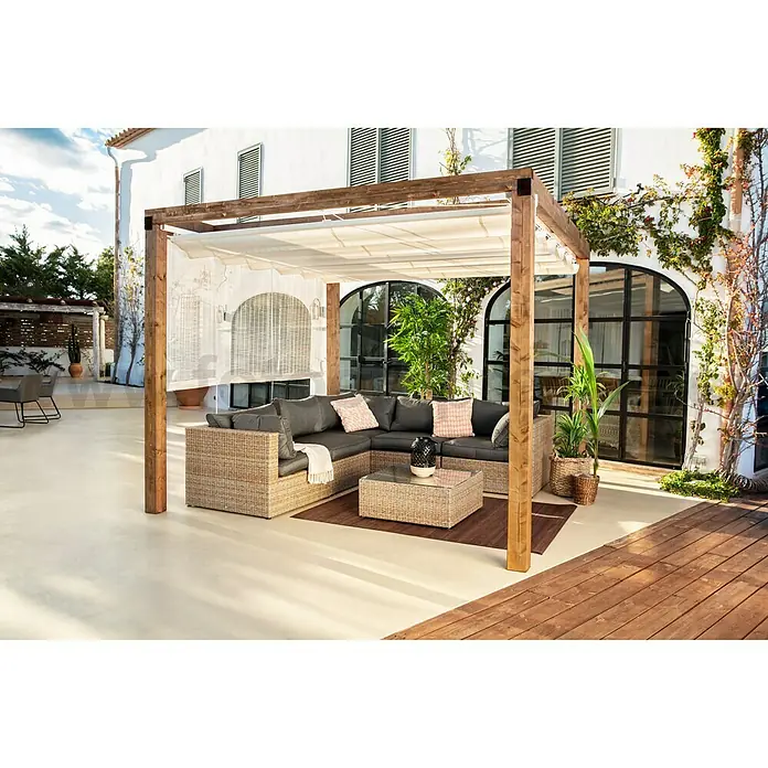 Pérgola con toldo corredero Green - L x An: 300 x 300 cm, Marrón - Acogedor conjunto de salón de jardín bajo una pérgola de madera con elegante protección solar y cojines cómodos. Perfecto para relajarse al aire libre.