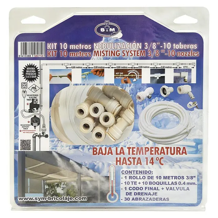 Set de nebulización kit - Longitud del tubo: 10 m, Presión de funcionamiento: 3 bar - 8 bar, 54 pzs. - Embalaje de un kit de nebulización "S&M" de 10 metros con 3/8"-10 boquillas, diseñado para reducir la temperatura en exteriores.