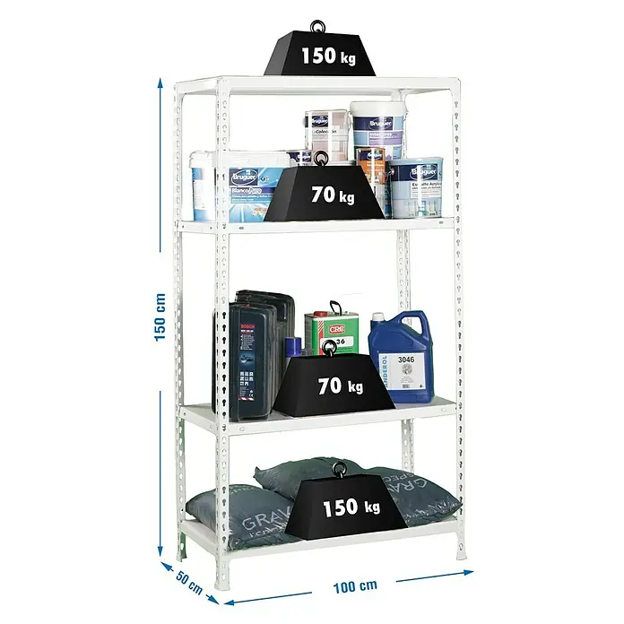 Simonrack Simonclick Metallregal Ecoclick Plus - H x B x T: 150 x 100 x 50 cm, Traglast pro Boden: 70 kg, Anzahl Böden: 4 Stk., Stecken, Weiß - Aufnahme eines weißen Metallregals mit vier Ebenen, beladen mit Farbeimern, Motoröl und Säcken, mit Gewichtsangaben.