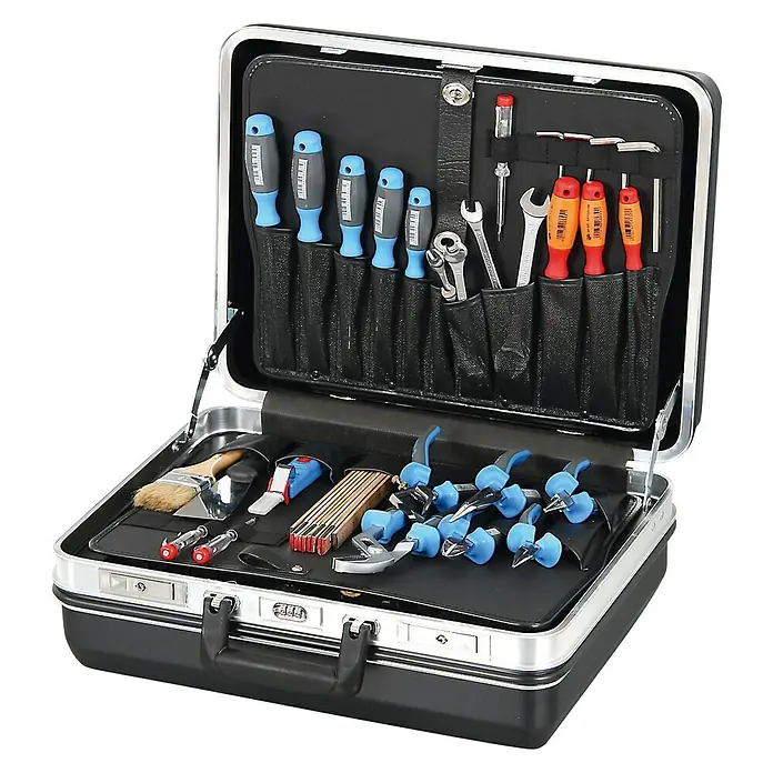 Hepco & Becker Werkzeugkoffer Budget 5072 - L x B: 430 x 510 mm, Höhe: 220 mm, ABS - Offener Werkzeugkoffer aus schwarzem Kunststoff mit silberfarbenem Rahmen und diversen Werkzeugen, darunter Schraubendreher und Zangen.