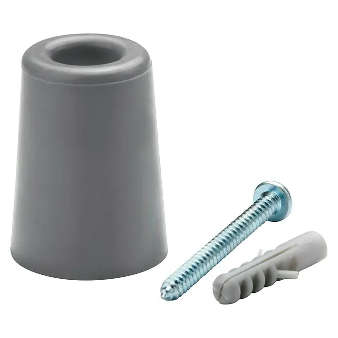 Inofix Tope de puerta 3047 - Caucho macizo, Gris - Primer plano de un tope de puerta con un tornillo y un taco de pared, perfecto para la instalación y proteger paredes y muebles.