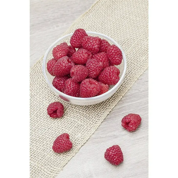 Piardino Himbeere Tulameen - Rubus ideaus 'Tulameen', Erntezeit: Juli - Eine Schale voller frischer Himbeeren auf einem rustikalen Untergrund. Die roten Beeren sind ein Genuss für Auge und Gaumen.