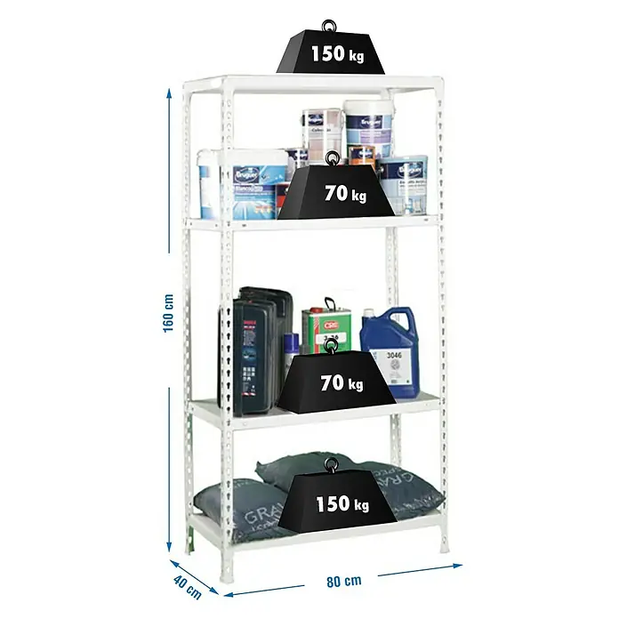 Simonrack Simonclick Estantería metálica Ecoclick Mini - Al x An x Pr: 160 x 80 x 40 cm, Capacidad de carga por balda: 70 kg, Número de baldas: 4 ud., Inserción, Blanco - Imagen de una estantería metálica blanca de cuatro niveles, cargada con diversos objetos y pesos.