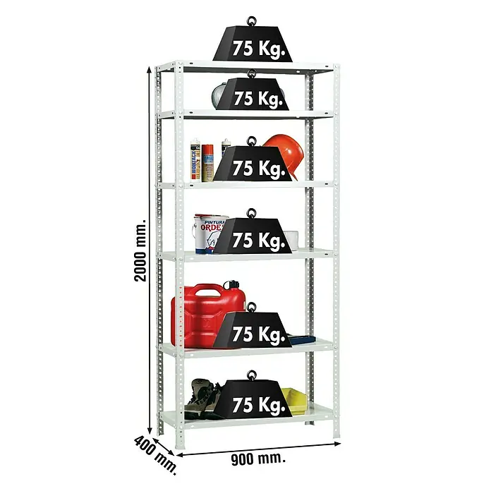 Simonrack Simonclassic Estantería metálica Advantage - Al x An x Pr: 200 x 90 x 40 cm, Capacidad de carga por balda: 75 kg, Número de baldas: 6 ud., Atornillado, Blanco - Imagen de una estantería metálica blanca con seis baldas, cada una con mercancías y marcada con un límite de peso de 75 kg, con dimensiones.