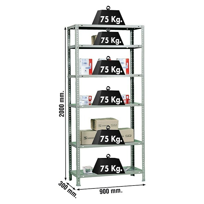 Simonrack Simonclassic Metallregal (L x B x H: 30 x 90 x 200 cm, Traglast: 75 kg/Boden, Anzahl Böden: 6 Stk., Silber)
