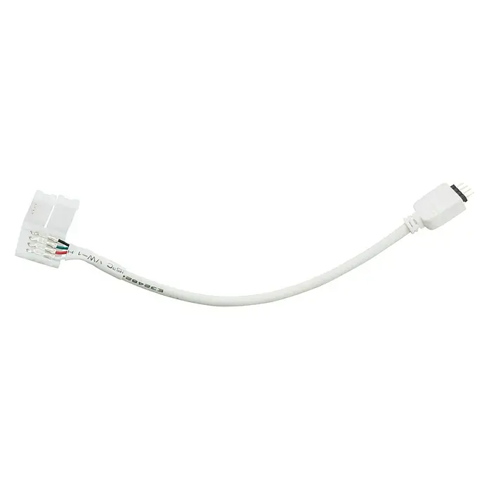Alverlamp Cable de conexión para tiras LED - 16,2 cm - Imagen de un conector de tira LED blanco con enchufes de 4 pines en cada extremo. Se utiliza para una fácil conexión de tiras de luces LED.