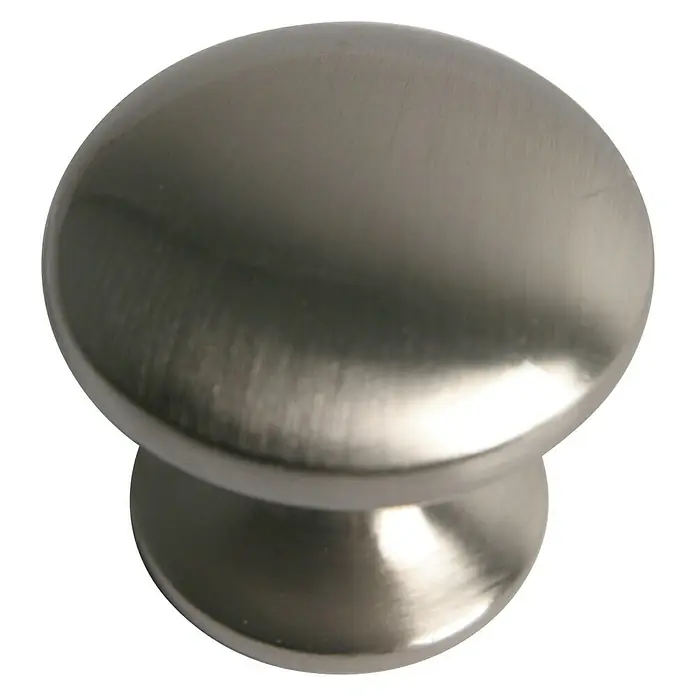 Nesu Pomo para muebles 25316 - Ø x Al: 30 x 27 mm, Acero, Níquel - Primer plano de un tirador de armario redondo plateado con un acabado cepillado y una forma clásica de hongo.