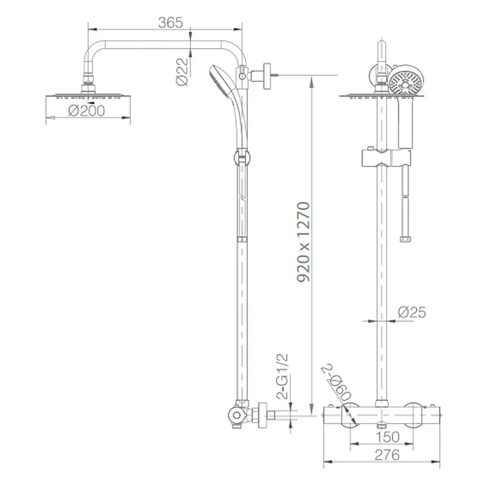 Imex Sistema de ducha Kent - Con grifo termostático, Cromo - Diagrama de un conjunto de ducha con ducha de techo y de mano, más accesorio con dimensiones.