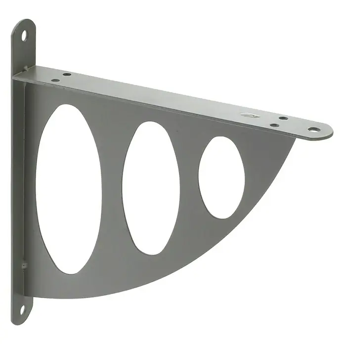 Rei Escuadra de soporte 1465 - L x An x Al: 20 x 20 x 2 cm, Carga soportada: 30 kg, Acero, Plateado - Soporte de estante metálico gris con tres aberturas ovaladas para una estética moderna y minimalista.