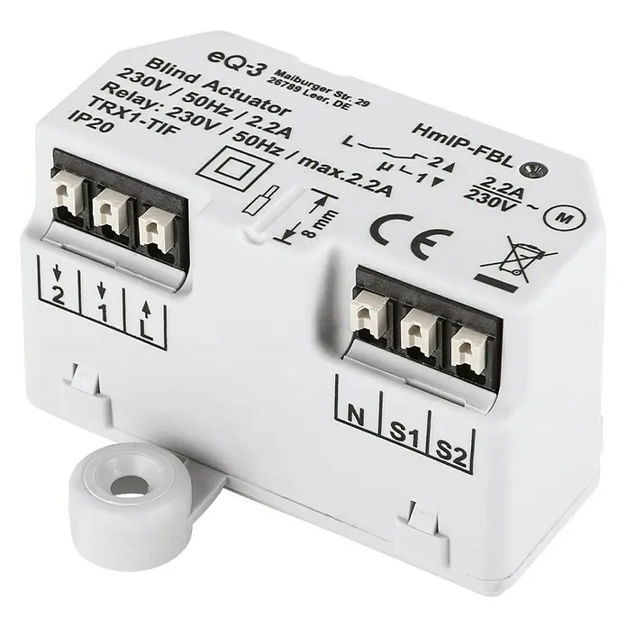 Homematic IP Jalousieschalter HmIP-FBL - Unterputz, 41 x 54 x 33 mm, 230 V - Eine Nahaufnahme eines eQ-3 Jalousieaktor-Geräts, das elektronische Bauteile und Anschlussklemmen für die Hausautomation zeigt.