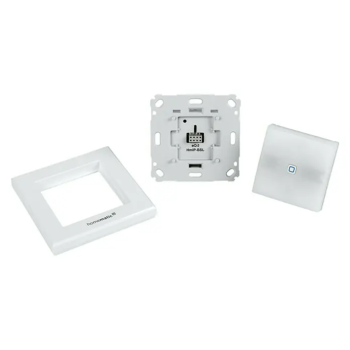 Homematic IP Funkschalter HmIP-BSL - 52 x 86 x 86 mm, Grau, 230 V - Abbildung eines Homematic IP Wandschalters mit Rahmen und Basisstation zur Steuerung von Smart Home Geräten.