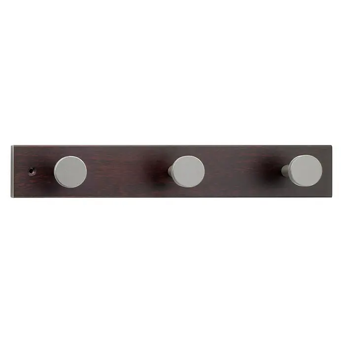 Inofix Perchero 3713 - L x An x Al: 36 x 6 x 6 cm, Madera, Wengué - Perchero de pared de madera con tres ganchos plateados. Ideal para chaquetas, sombreros o toallas.