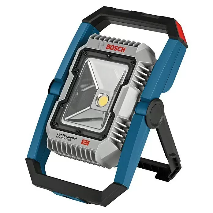 Bosch Professional AMPShare 18V LED-Akkustrahler GLI 18V-1900 - 18 V, Ohne Akku, Lichtstrom: 1.900 lm - Bosch Professional LED-Arbeitsleuchte mit grauem Gehäuse, blauem Rahmen und schwarzem Ständer.