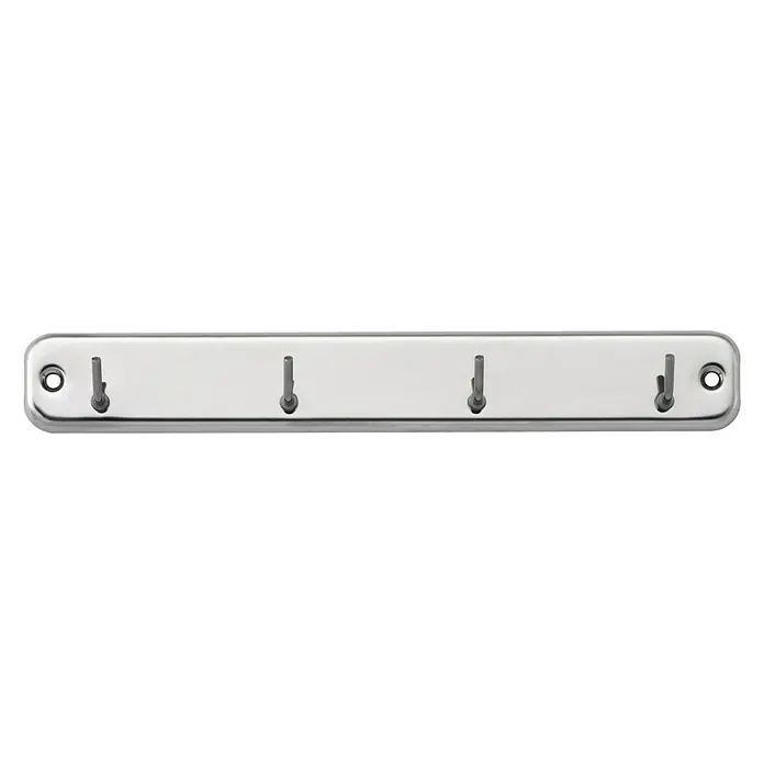 Inofix Perchero 3084 - L x An x Al: 23 x 32 x 3 cm, Acero inoxidable, Plateado - Perchero de pared con cuatro ganchos de metal brillante para un almacenamiento elegante de chaquetas y accesorios.