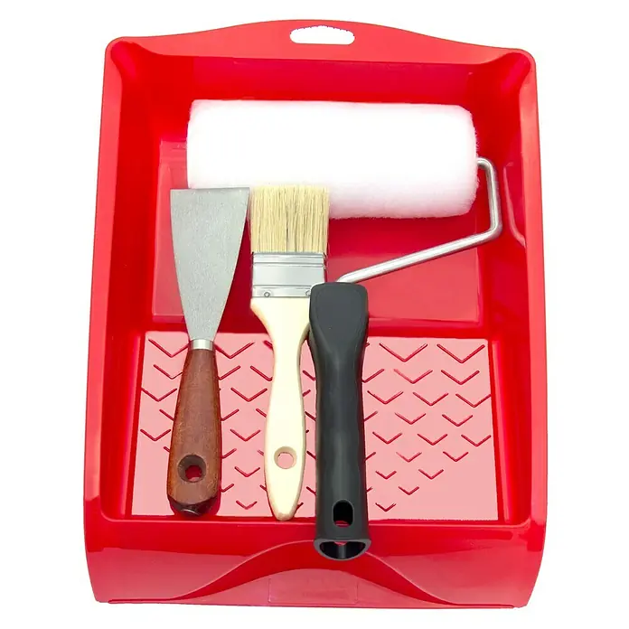 Kit para pintar con rodillo pintura plástica - 4 pzs. - Bandeja de pintura roja con rodillo, brocha y espátula. Un conjunto práctico para trabajos de pintura.