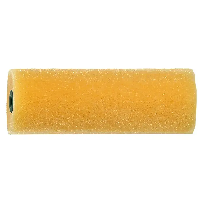 Recambio de rodillos Flocado - Anchura cilindro: 7 cm, Altura del pelo: 10 mm - Primer plano de un rodillo de pintura amarillo sobre un fondo negro.
