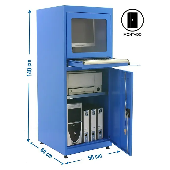 Simonrack Simonlocker Armario multiusos metálico Computer - L x An x Al: 60 x 56 x 140 cm - Armario de ordenador azul con monitor, teclado, impresora, PC y carpetas. La puerta está abierta mostrando el interior del armario.