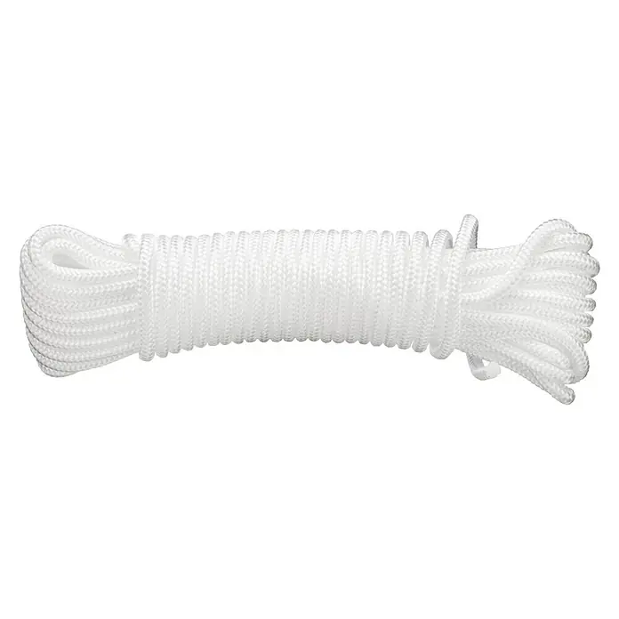 Cuerda DY2702835 - 2,75 mm x 25 m, Plástico, Blanco, Carga soportada: 12 kg - Primer plano de una cuerda de nailon blanca enrollada sobre un fondo negro.