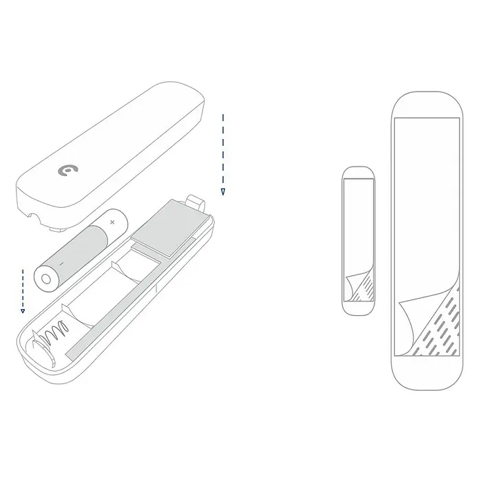 Clarer Fenster- & Türsensor S03 - Passend für: Clarer Alarmanlage C3, Reichweite ca.: 100 m - Eine schematische Darstellung eines elektronischen Geräts, das mit einer Batterie betrieben und mit Klebestreifen befestigt wird.