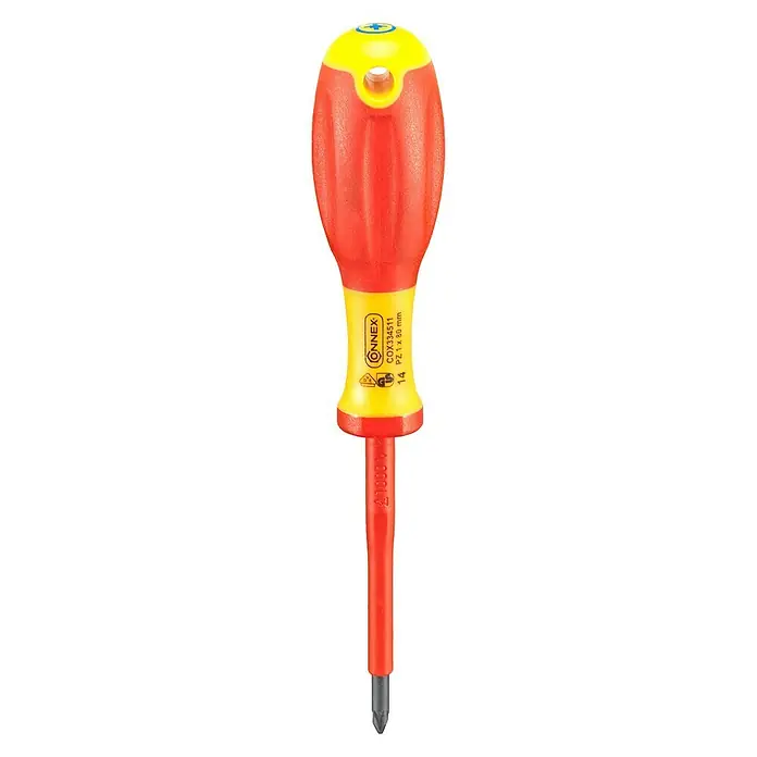 Connex Destornillador para electricista COX334511 - PZ 1, Longitud de la hoja: 80 mm - Se muestra un destornillador aislado con mango amarillo y rojo, con punta Phillips, para trabajar con seguridad en electricidad.