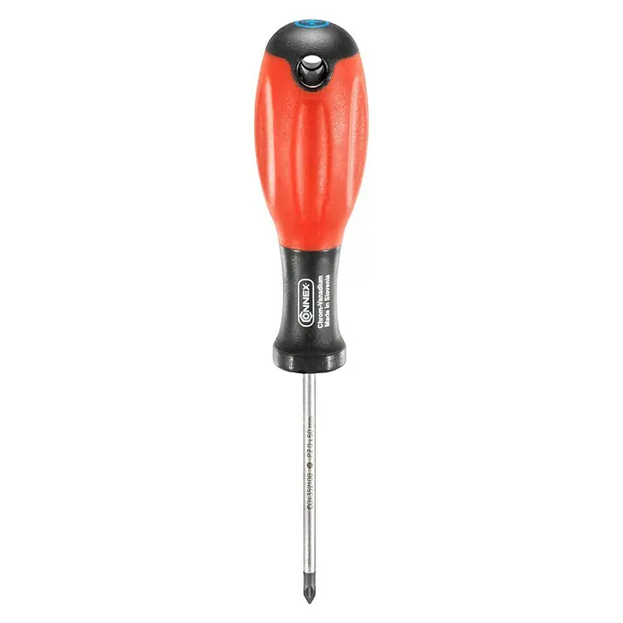 Connex Destornillador COX352100 - PZ 0, Longitud de la hoja: 60 mm - Destornillador Connex rojo con cabeza de cruz y mango azul para atornillar con precisión en taller y hogar.