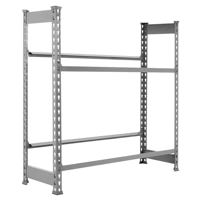 Simonrack Simonbottle Getränkekistenregal Bottleclick - H x B x T: 100 x 80 x 30 cm, Traglast Einlegeboden: 100 kg, Anzahl Böden: 2 Stk., Stecken, Grau - Ansicht eines grauen Schwerlastregals mit drei Ebenen vor einem schwarzen Hintergrund. Das robuste Regal bietet viel Stauraum.