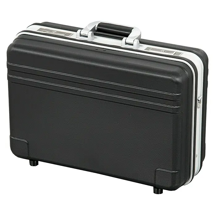 Hepco & Becker Werkzeugkoffer Basic 5910 - L x B x H: 370 x 490 x 200 mm, High Density Polyethylen (HDPE) - Eine schwarze, strukturierte Hartschalen-Aktentasche mit silberfarbenem Rahmen und Griff. Sie wirkt robust und professionell.
