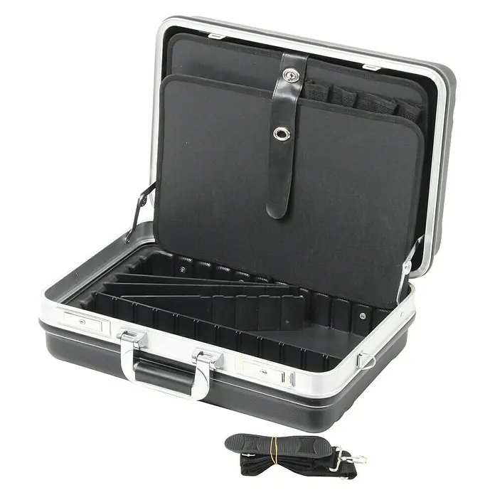 Hepco & Becker Werkzeugkoffer Basic 5910 - L x B x H: 370 x 490 x 200 mm, High Density Polyethylen (HDPE) - Offener, schwarzer Werkzeugkoffer mit silberfarbenen Beschlägen und einem Tragegurt. Ideal für die Aufbewahrung von Werkzeugen.