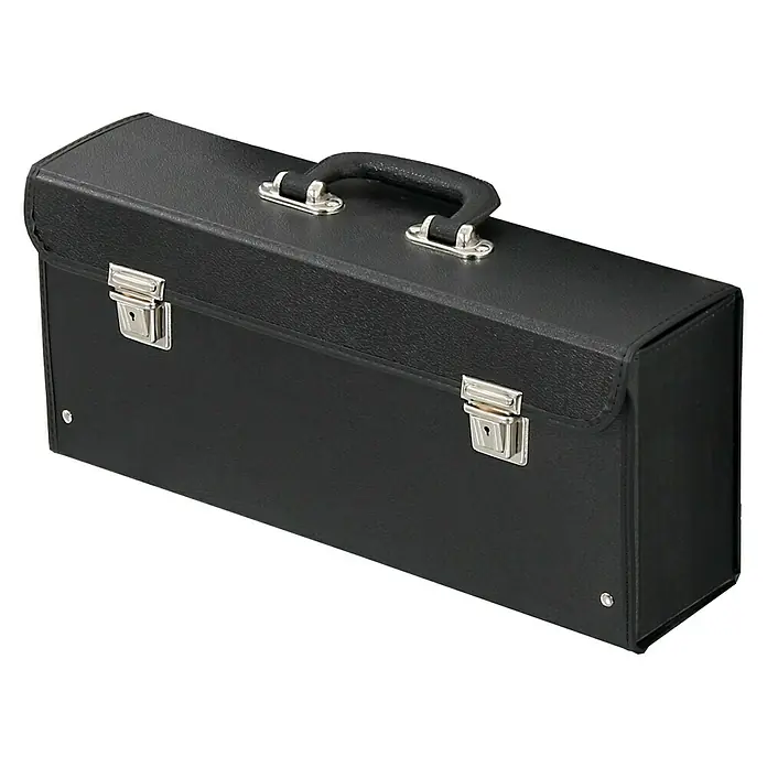 Hepco & Becker Werkzeugtasche Favorit 6002 - Hartpappe, Innenmaß: B x T x H: 480 x 250 x 140 mm - Eine schwarze Aktentasche aus Leder mit silbernen Verschlüssen und einem Griff. Ideal für den Transport wichtiger Dokumente.