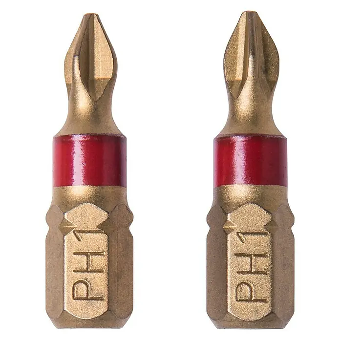 Connex Punta COXT973861 - PH 1, 25 mm - Primer plano de dos puntas de destornillador PH1 con banda roja, ideales para juegos de herramientas y bricolaje.