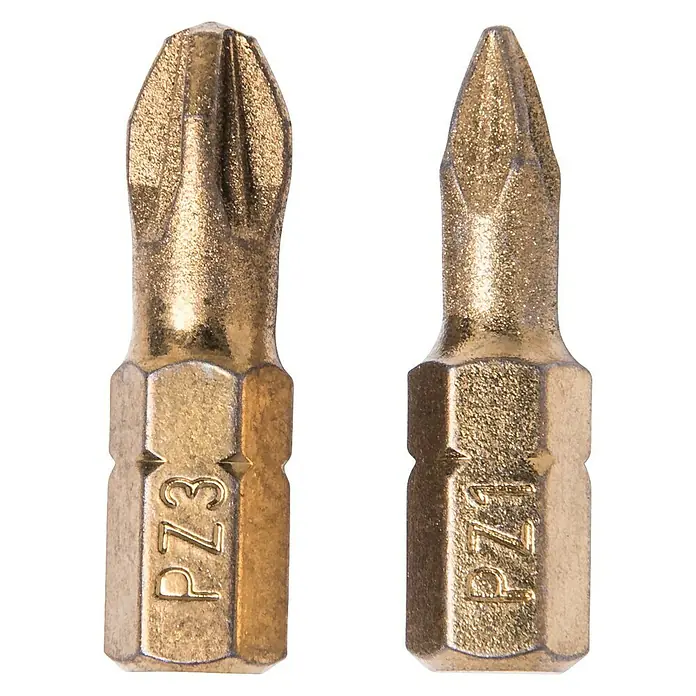 Connex Set de puntas COXT973436 - 3 pzs. - Primer plano de dos puntas de destornillador PZ, PZ3 y PZ1, en color dorado, utilizadas para atornillar.
