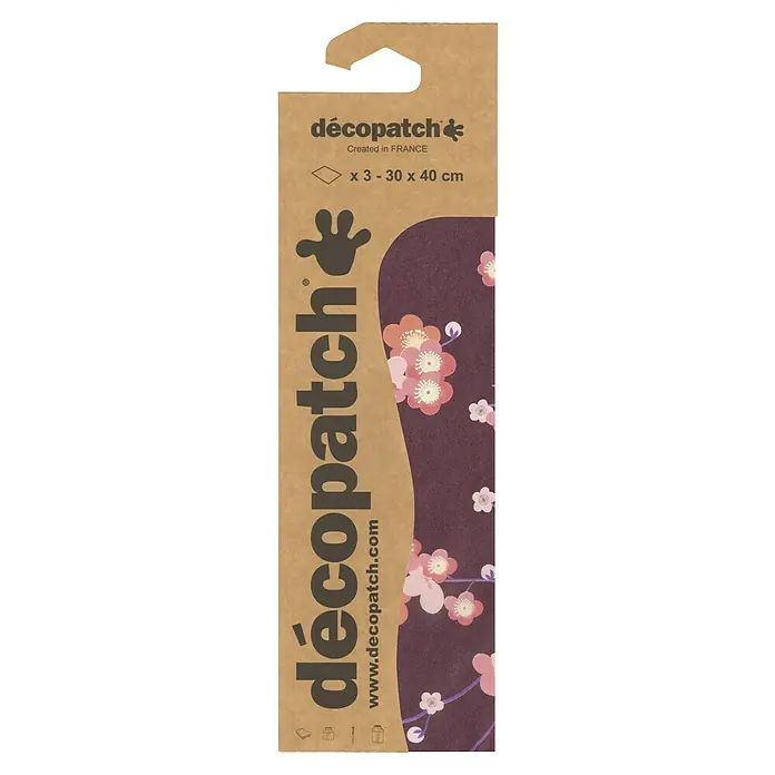 Décopatch Papel decorativo Cherry Blossom - Multicolor, 3 ud., 40 x 30 cm - Primer plano del papel Décopatch con un diseño floral en tonos rosa y púrpura. Ideal para proyectos creativos de manualidades.