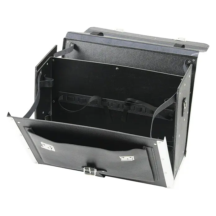Hepco & Becker Werkzeugtasche Favorit 7123 - Innenmaß: B x T x H: 450 x 340 x 190 mm, Leder, Schwarz - Geöffnete, schwarze Werkzeugtasche mit silbernen Akzenten, die das Innere mit Fächern und Halterungen zeigt.