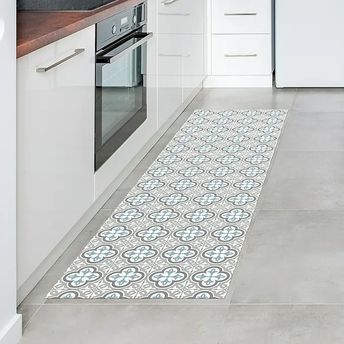 Alfombra de vinilo Croma Hidra topo - 200 x 60 cm - Alfombra de cocina con diseño de azulejos retro azul-gris. Revestimiento decorativo para la cocina con un diseño vintage que añade un toque de estilo.