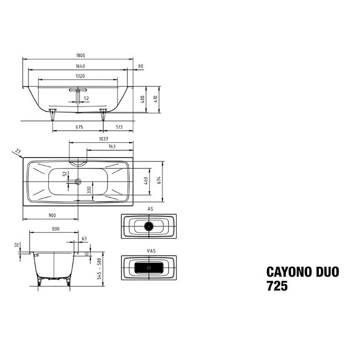 Kaldewei Badewanne Cayono Duo 725 - 180 x 80 cm, Stahl-Email, Alpinweiß - Technische Zeichnung der Cayono Duo 725 Badewanne mit Maßen und Ansichten für die Planung des Badezimmers.