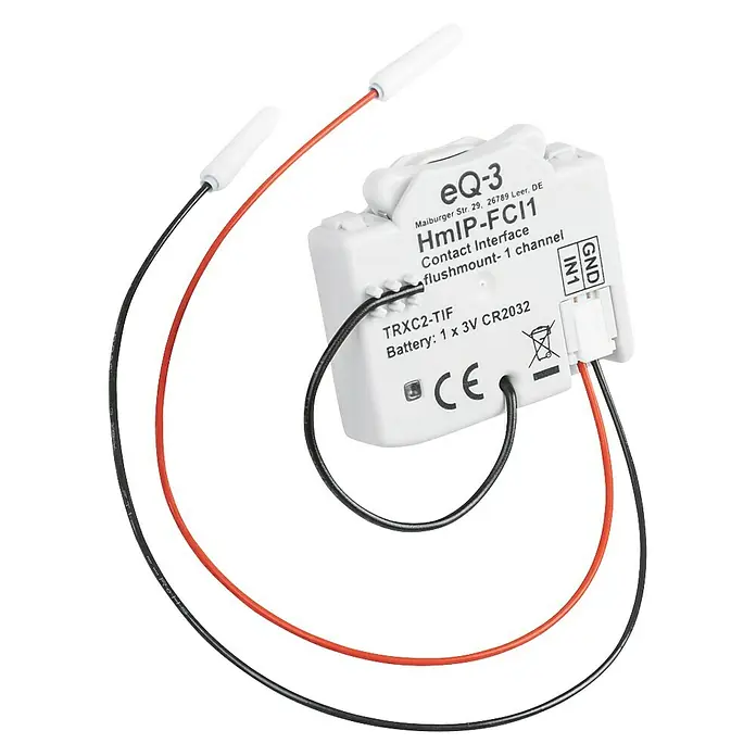 Homematic IP Adapter Kontakt-Schnittstelle HmIP-FCI1 - Batteriebetrieben, Unterputz - Nahaufnahme eines eQ-3 HmIP-FCI1 Kontakt-Interface für Unterputzmontage mit Kabeln und CE-Kennzeichnung.