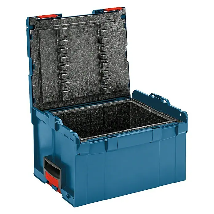 Bosch Professional Maleta de transporte L-Boxx - L x An x Al: 357 x 442 x 253 mm, ABS - Caja azul Bosch Sortimo abierta con cierre rojo e inserción de espuma negra para el almacenamiento de herramientas.
