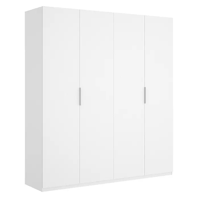 Dekit Armario para ropa Essen - L x An x Al: 52 x 180 x 204 cm, Blanco - Un armario blanco de cuatro puertas con tiradores elegantes y modernos. El armario ofrece un amplio espacio de almacenamiento y encajaría bien en un dormitorio moderno.