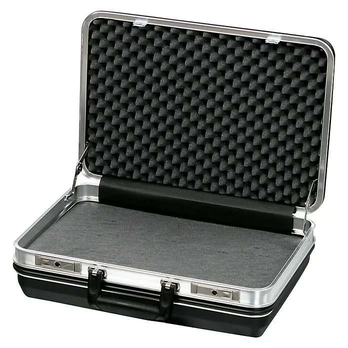 Hepco & Becker Werkzeugkoffer Budget 5048 - L x B: 310 x 460 mm, ABS - Geöffneter Aluminiumkoffer mit Noppenschaumstoff und grauem Boden. Ideal für den sicheren Transport von empfindlichen Gegenständen.