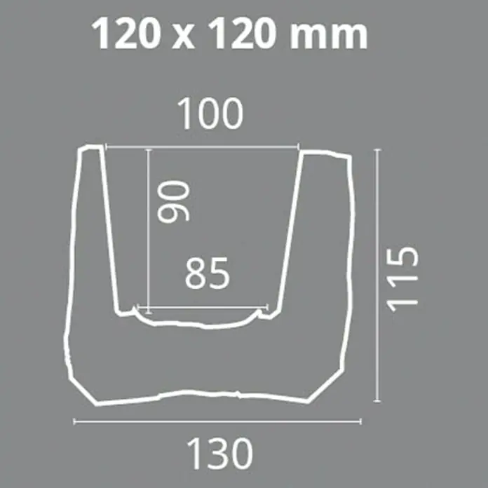 Dekobalken - Weiß, 200 x 13 x 11,5 cm, Polyurethan - Schema des Produkts mit Abmessungen: 120 x 120 mm. Das Schema zeigt die Tiefe (115mm) sowie die Innenmaße (100 mm, 90 mm, 85 mm und 130 mm).