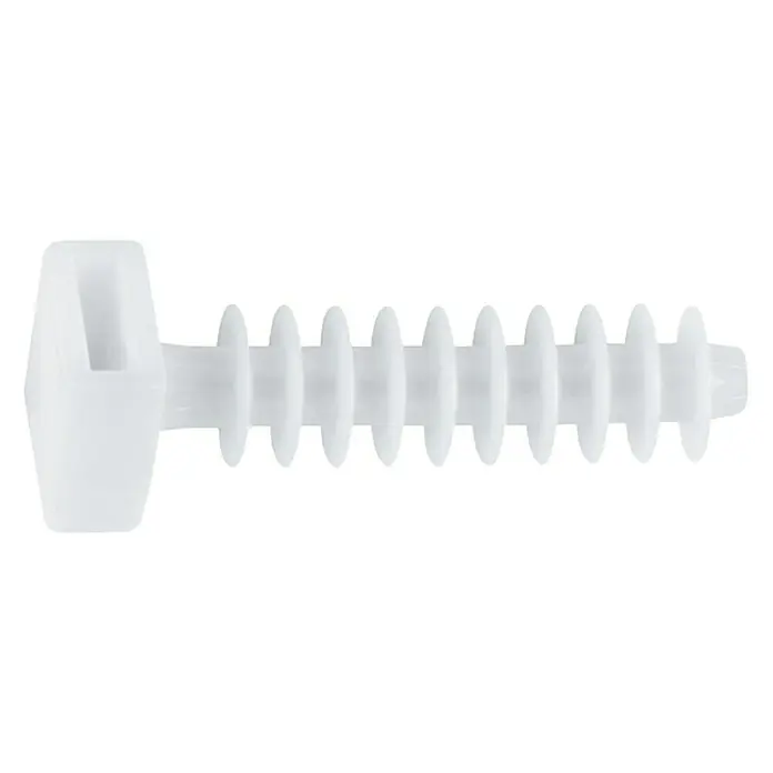 Index Taco para material aislante para bridas - Ø x L: 6 x 40 mm, Plástico, Blanco, M6 - Primer plano de un clip de fijación de plástico blanco con eje acanalado y cabeza plana. Ideal para conexiones seguras en diversas aplicaciones.