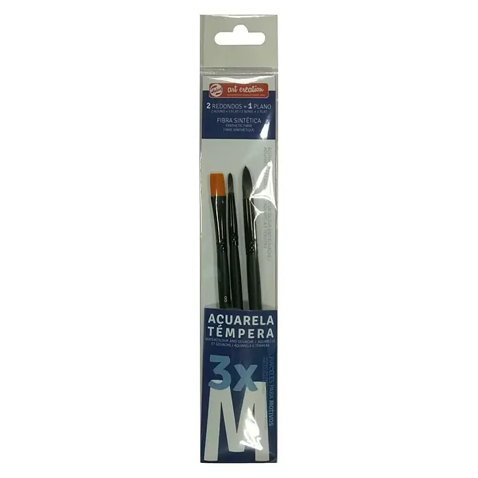 Talens Art Creation Set de pinceles de cerdas WC - 3 pzs., Tamaño pincel: M - Un paquete de pinceles Art Creation con 2 redondos y 1 plano, ideal para acuarela y témpera.