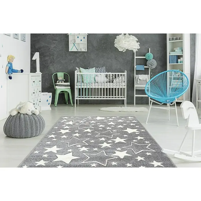 Kayoom Kinderteppich Sterne - Silber, 170 x 120 cm, 100 % Polypropylen - Grauer Teppich mit Sternenmuster im Kinderzimmer. Der Teppich verleiht dem Raum eine spielerische Note und sorgt für Gemütlichkeit.