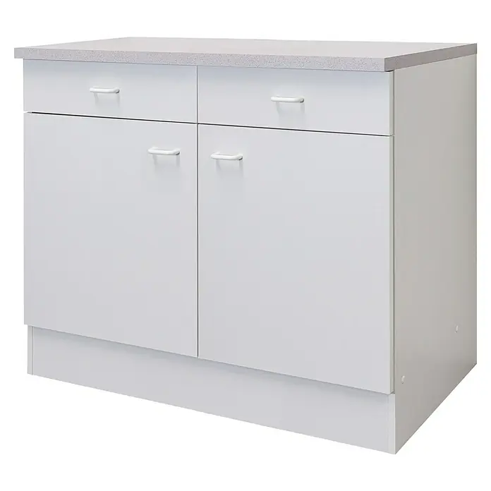 Flex-Well Rapido Küchen-Unterschrank - 47 x 100 x 85 cm, Dekor Front: Weiß - Ein weißer Küchenunterschrank mit zwei Schubladen und zwei Türen, ideal für zusätzlichen Stauraum und eine moderne Küchengestaltung.