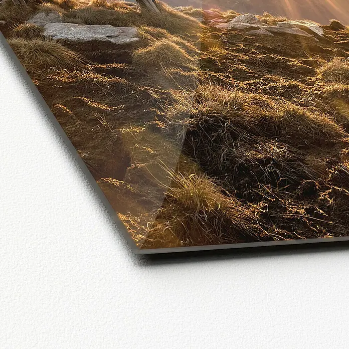 ProArt Glasbild - Bench & Horizon, B x H: 30 x 30 cm - Detailaufnahme eines Acrylglasbildes, das eine sonnenbeschienene, trockene Graslandschaft mit Felsen zeigt. Die glänzende Oberfläche verstärkt die warmen Farbtöne.