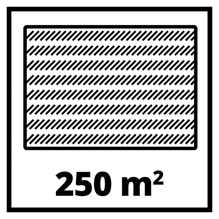 Einhell Elektro-Rasenmäher GC-EM 1030/1 - 1.000 W, Schnittbreite: 30 cm - Abbildung mit einer gestrichelten Fläche und der Angabe 250 m², was auf eine Flächenangabe für ein Produkt hinweist.