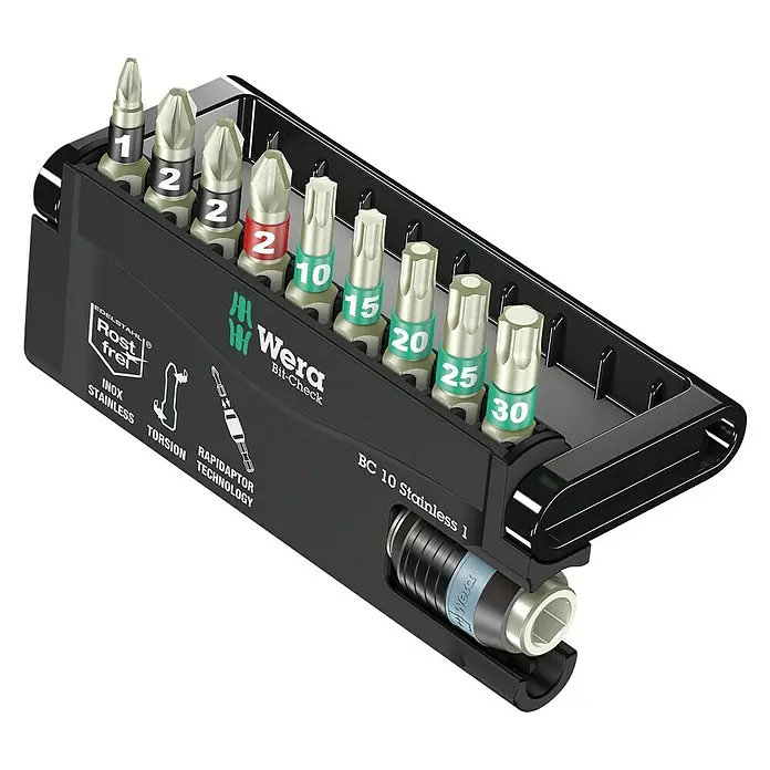 Wera Premium Plus Bit-Set BC 10/9 Stainless - 11 -tlg., Magnetisch - Wera Bit-Check BC 10 Stainless 1 mit verschiedenen Schrauberbits und Bithalter für Edelstahl-Schrauben.