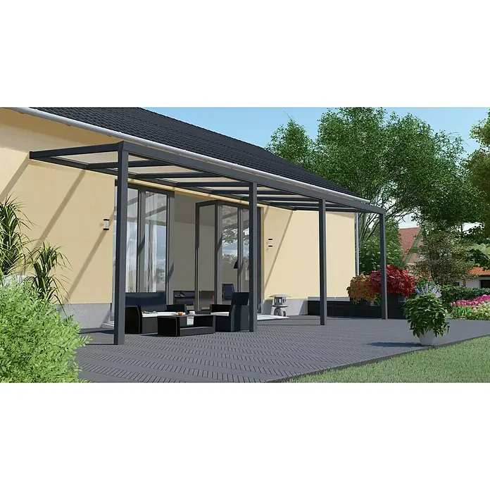 Gardendreams Terrassenüberdachung Light EditionB x T: 700 x 250 cm, Anthrazitgrau, Polycarbonat, Klar - Moderne Terrassenüberdachung mit schlankem, dunklem Rahmen und transparenter Bedachung, die den Außenbereich stilvoll erweitert.