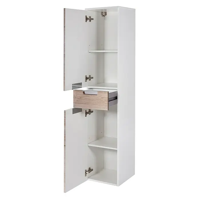 Schildmeyer Sunny Hochschrank - B x T x H: 33 x 35 x 159 cm, Eiche Natur - Offener, weißer Badezimmerschrank mit hellem Holzdekor, Schublade und Einlegeböden für stilvolle Badaufbewahrung.