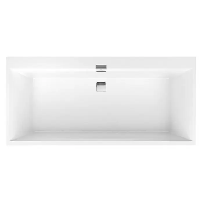 Villeroy & Boch Badewanne Squaro Edge 12 - 190 x 90 cm, Quaryl, Weiß - Blick von oben auf eine moderne, rechteckige Badewanne in Weiß mit minimalistischen Armaturen, die ein entspannendes Badeerlebnis verspricht.